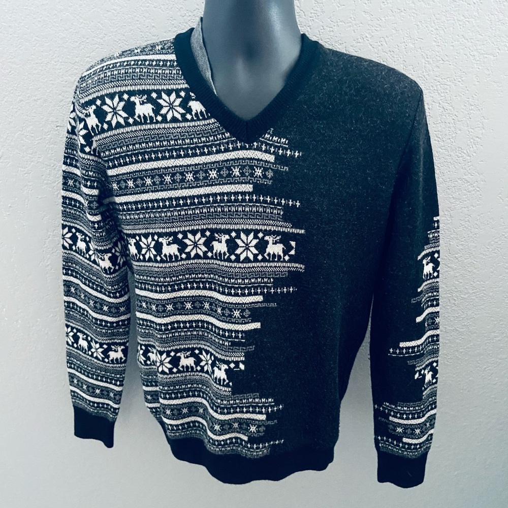 Factotum Knit V-neck Reindeer Snowflake Holiday Sweater
